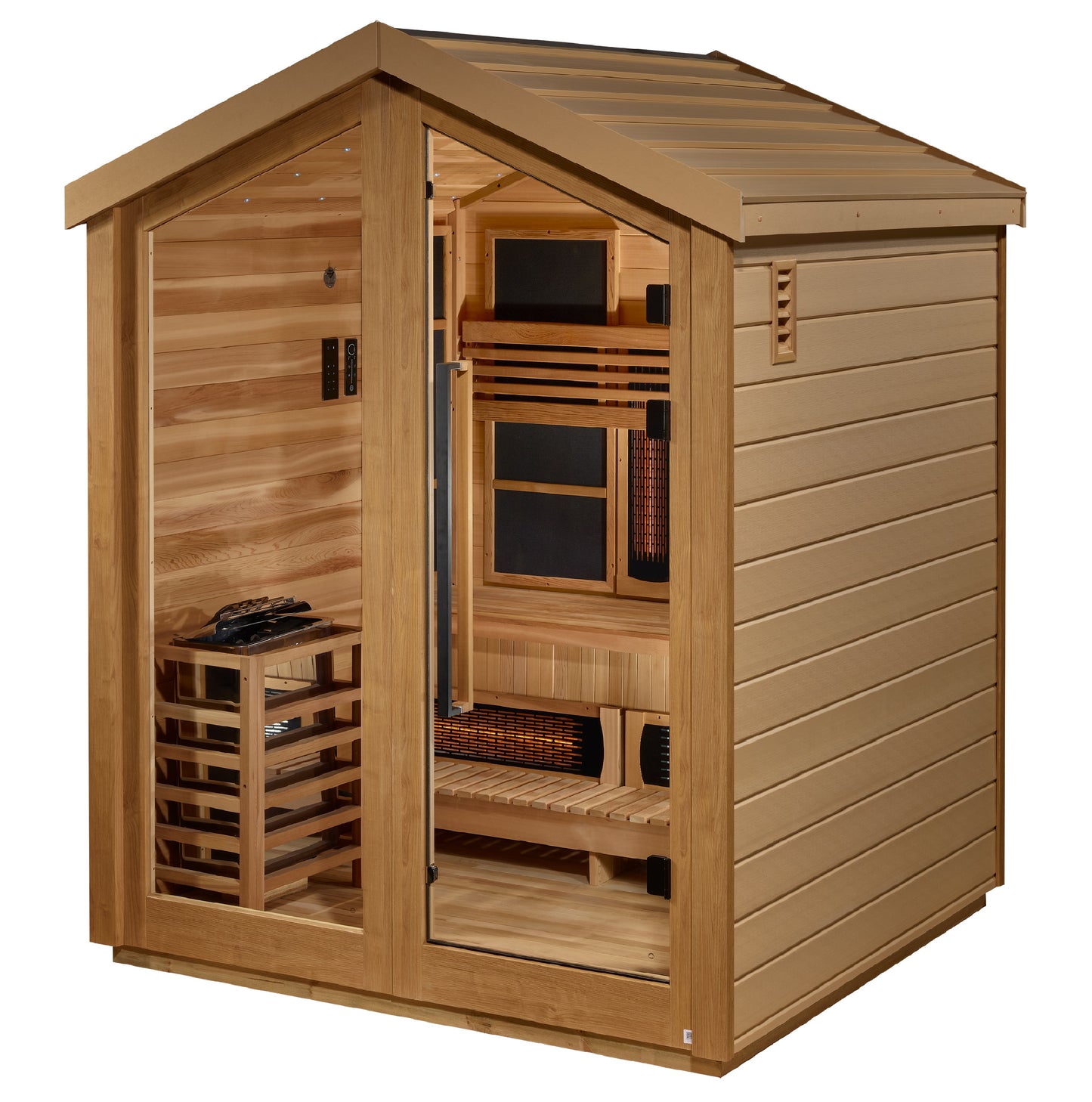 Golden Designs Loviisa 3 Person Hybrid (PureTech™ Full Spectrum IR or Traditional Stove) Outdoor Sauna (GDI-8523-01) - Canadian Red Cedar Interior
