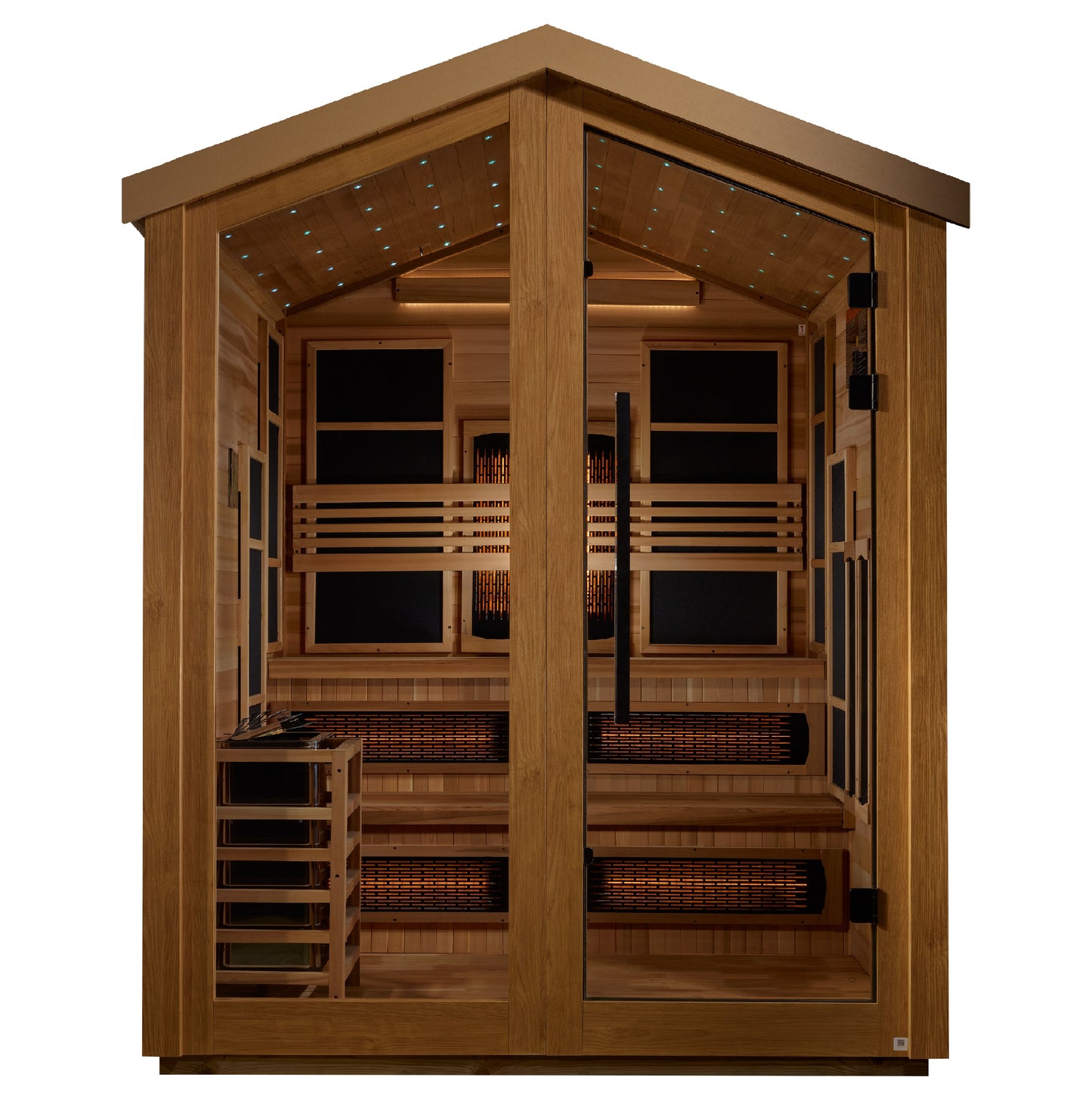 Golden Designs Kaskinen 6 Person Hybrid (PureTech™ Full Spectrum IR or Traditional Stove) Outdoor Sauna (GDI-8526-01) - Canadian Red Cedar Interior

