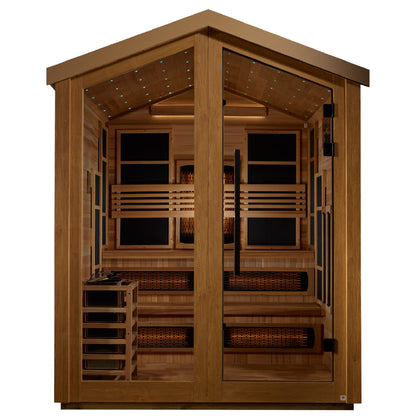 Golden Designs Kaskinen 6 Person Hybrid (PureTech™ Full Spectrum IR or Traditional Stove) Outdoor Sauna (GDI-8526-01) - Canadian Red Cedar Interior

