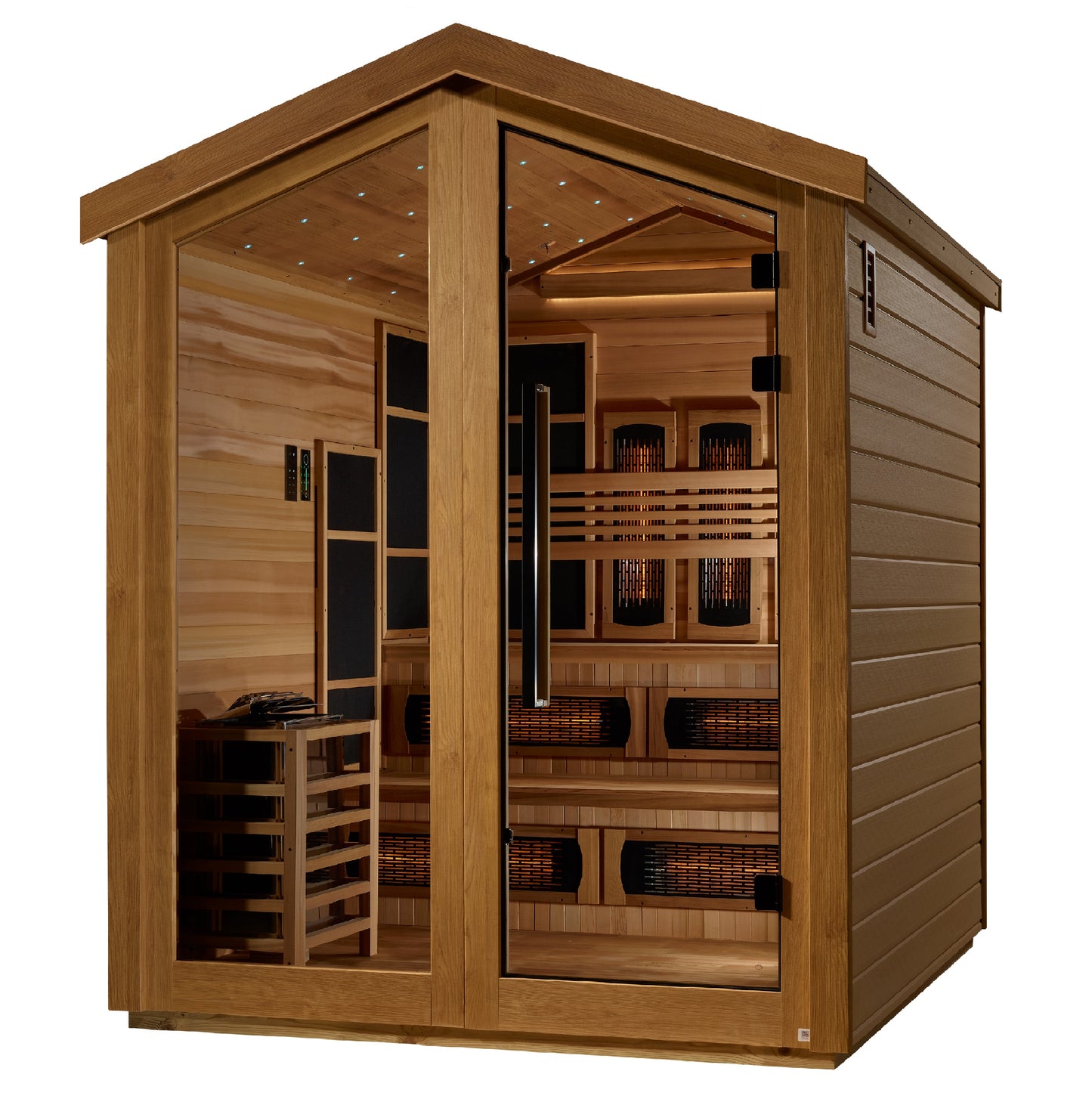Golden Designs Kaskinen 6 Person Hybrid (PureTech™ Full Spectrum IR or Traditional Stove) Outdoor Sauna (GDI-8526-01) - Canadian Red Cedar Interior
