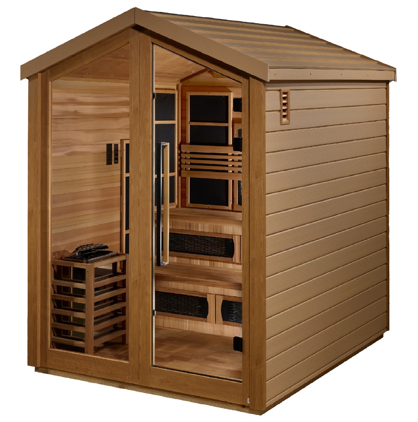 Golden Designs Kaskinen 6 Person Hybrid (PureTech™ Full Spectrum IR or Traditional Stove) Outdoor Sauna (GDI-8526-01) - Canadian Red Cedar Interior
