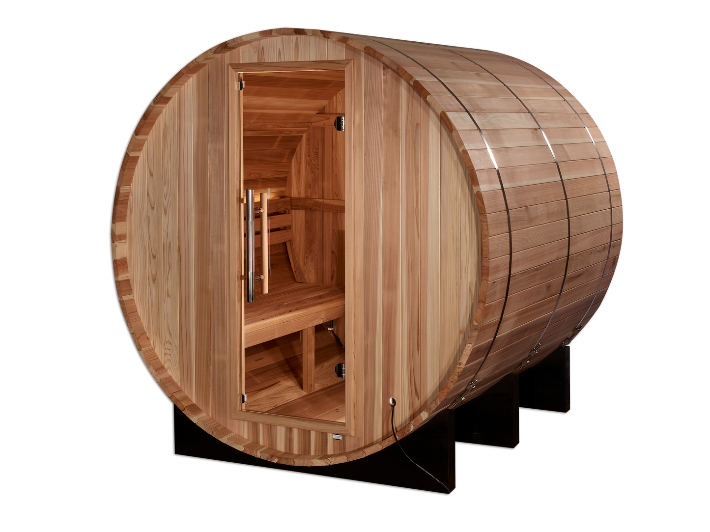 Front right of Golden Designs "St. Moritz" 2 Person Barrel Traditional Sauna