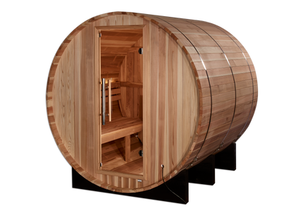 Front right of Golden Designs "St. Moritz" 2 Person Barrel Traditional Sauna