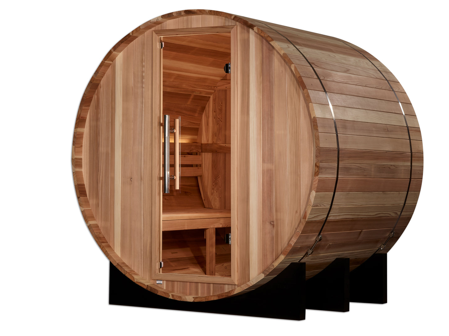 Front of Golden Designs "St. Moritz" 2 Person Barrel Traditional Sauna pictured  with glass door and showing bench seating inside