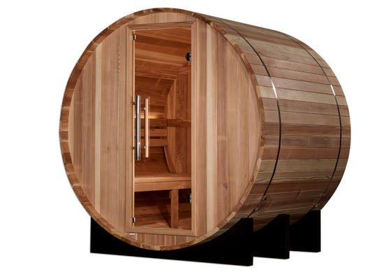 Front of Golden Designs "St. Moritz" 2 Person Barrel Traditional Sauna pictured  with glass door and showing bench seating inside