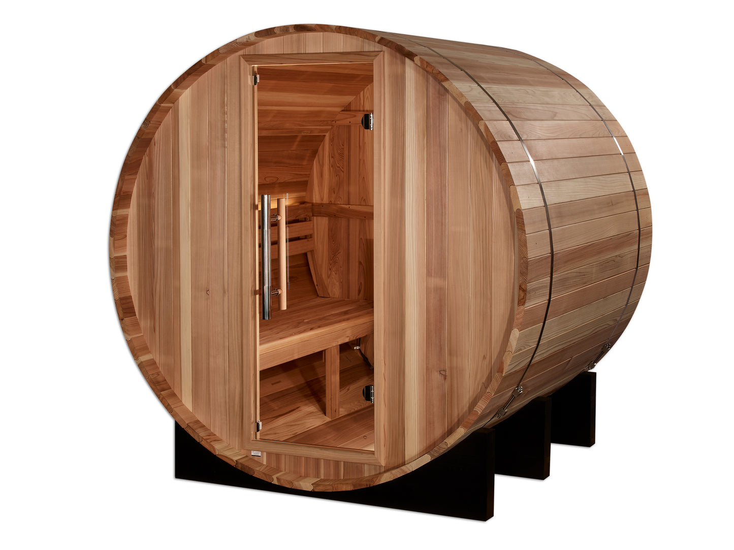 Front of Golden Designs "St. Moritz" 2 Person Barrel Traditional Sauna pictured  with glass door and showing bench seating inside