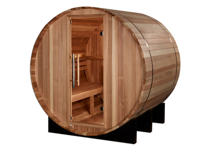 Front of Golden Designs "St. Moritz" 2 Person Barrel Traditional Sauna pictured  with glass door and showing bench seating inside