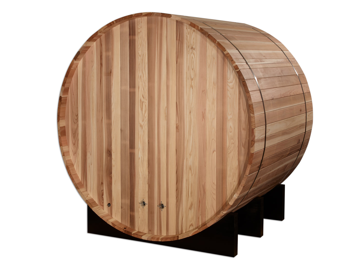 rear of barrel of Golden Designs "St. Moritz" 2 Person Barrel Traditional Sauna pictured