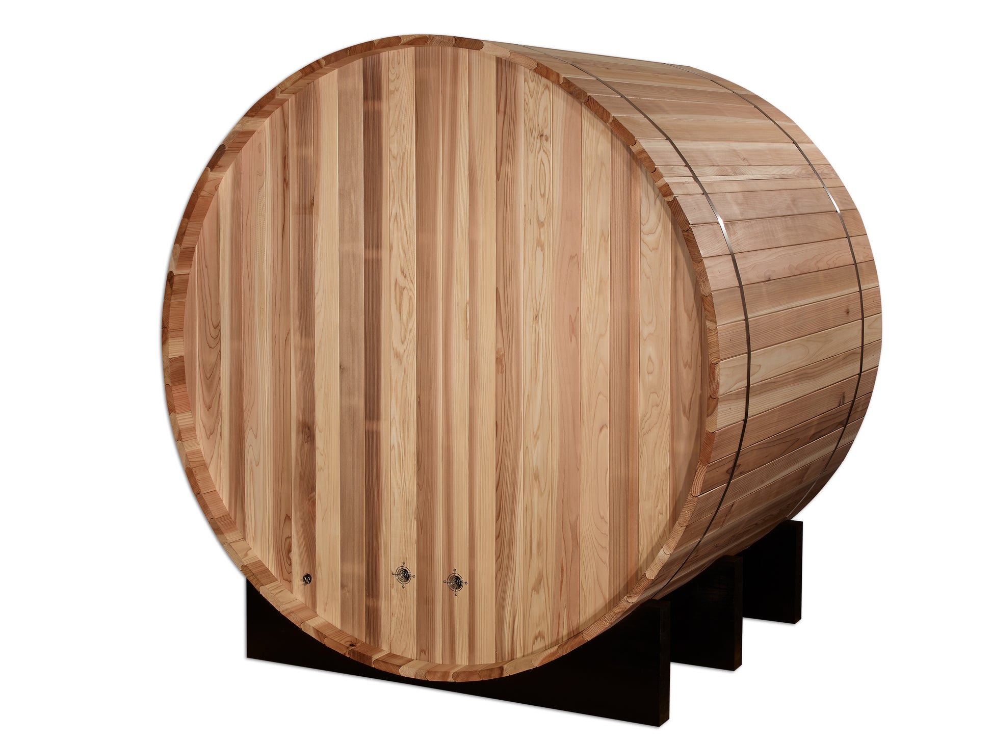 rear of barrel of Golden Designs "St. Moritz" 2 Person Barrel Traditional Sauna pictured