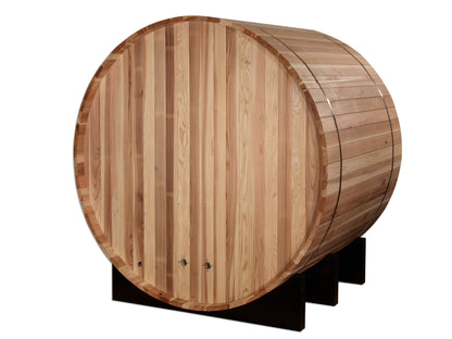 rear of barrel of Golden Designs "St. Moritz" 2 Person Barrel Traditional Sauna pictured