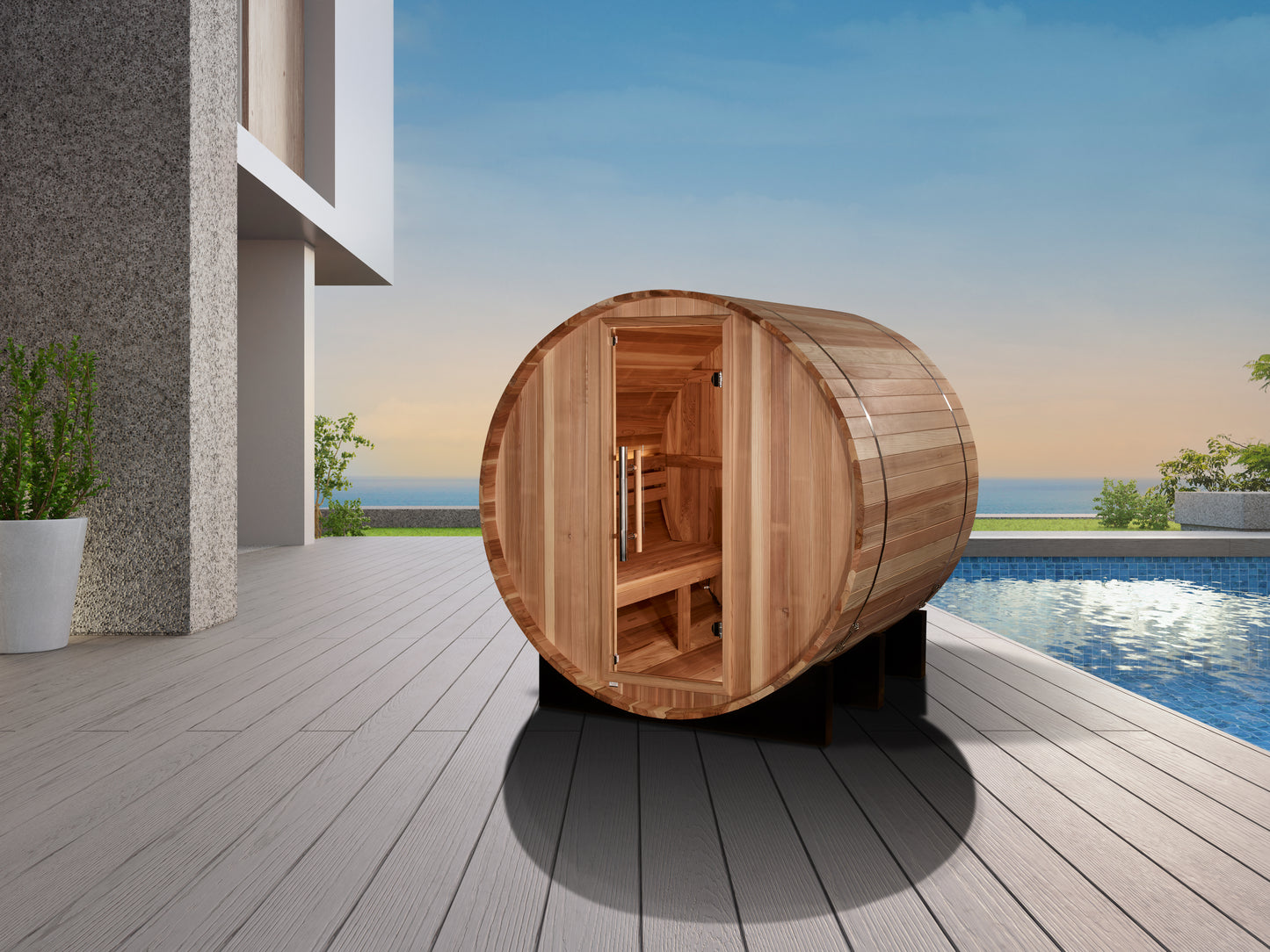 Golden Designs "St. Moritz" 2 Person Barrel Traditional Sauna pictured from front on a deck next to a pool and house. 