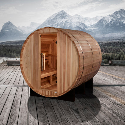 Golden Designs "Arosa" 4-Person Barrel Sauna pictured from front right showing full glass door and bench seating inside