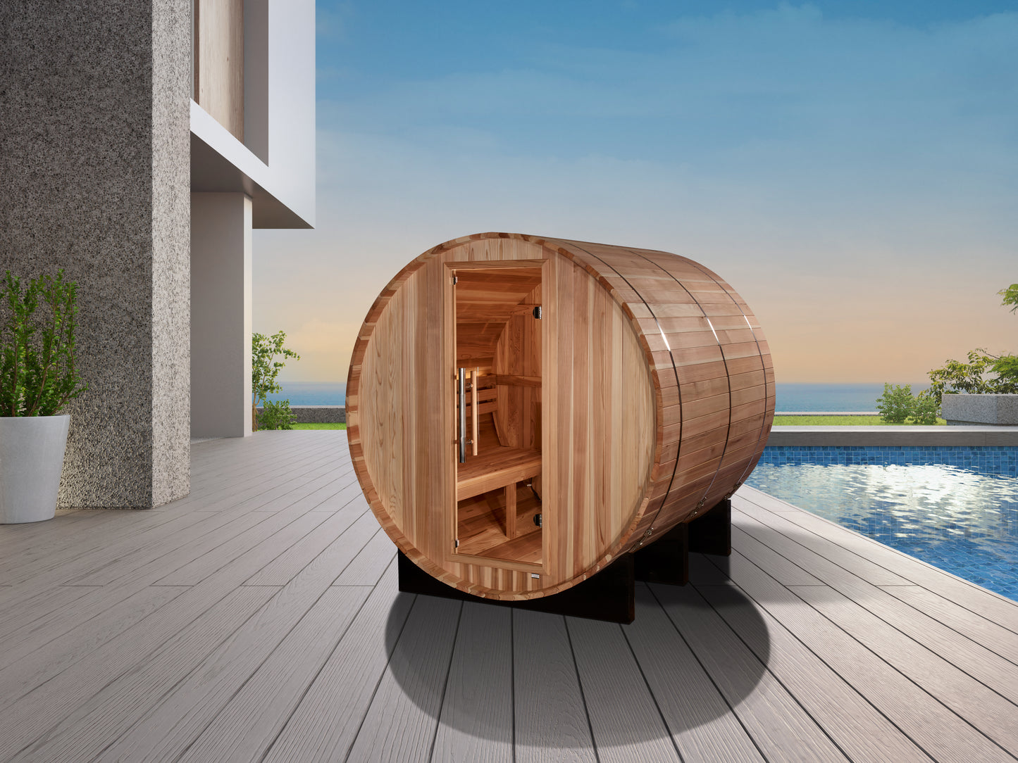 Golden Designs "Arosa" 4-Person Barrel Sauna pictured on deck next to a pool