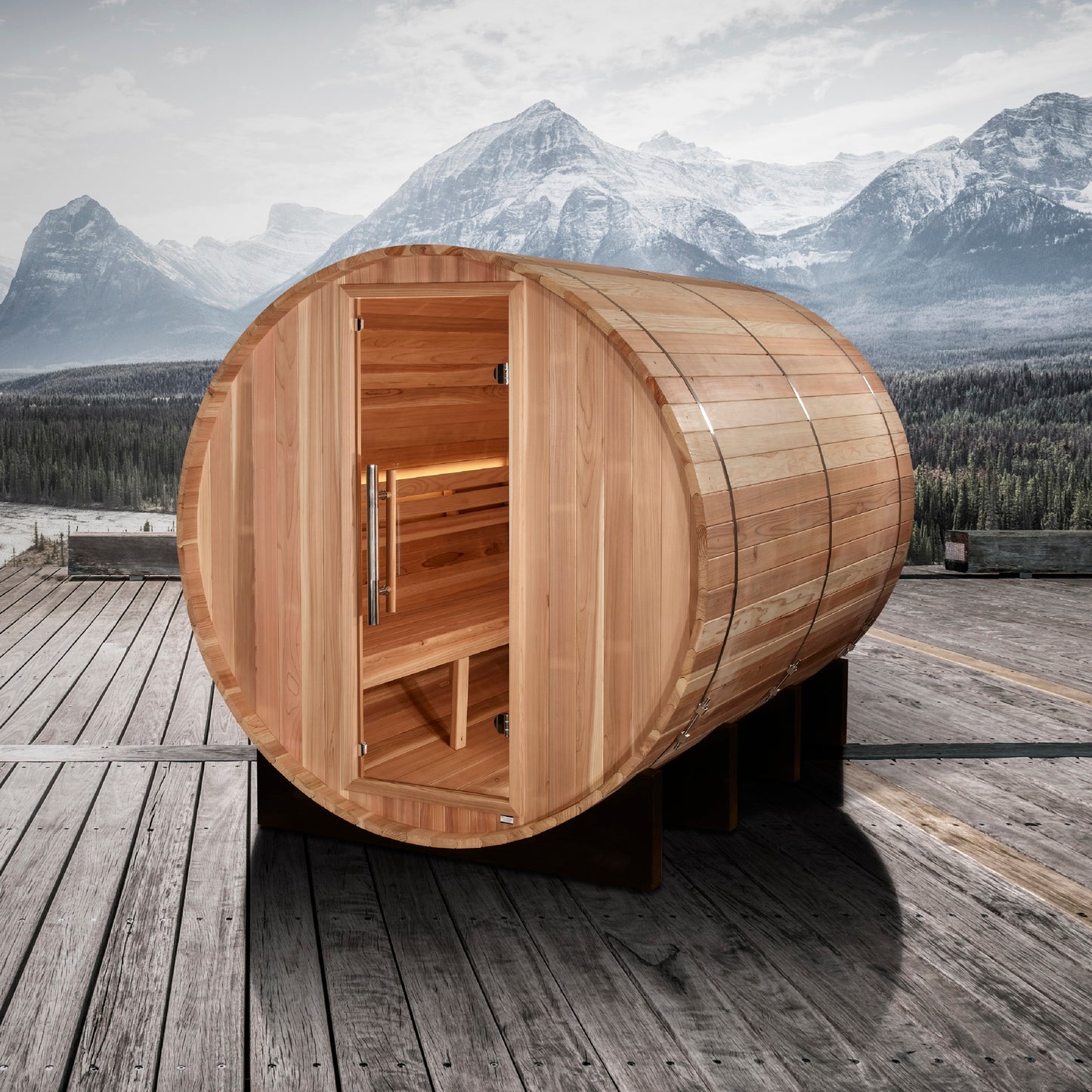 Golden Designs Klosters 6 person traditional sauna pictured on a deck with mountains in the background