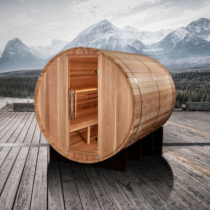Golden Designs Klosters 6 person traditional sauna pictured on a deck with mountains in the background