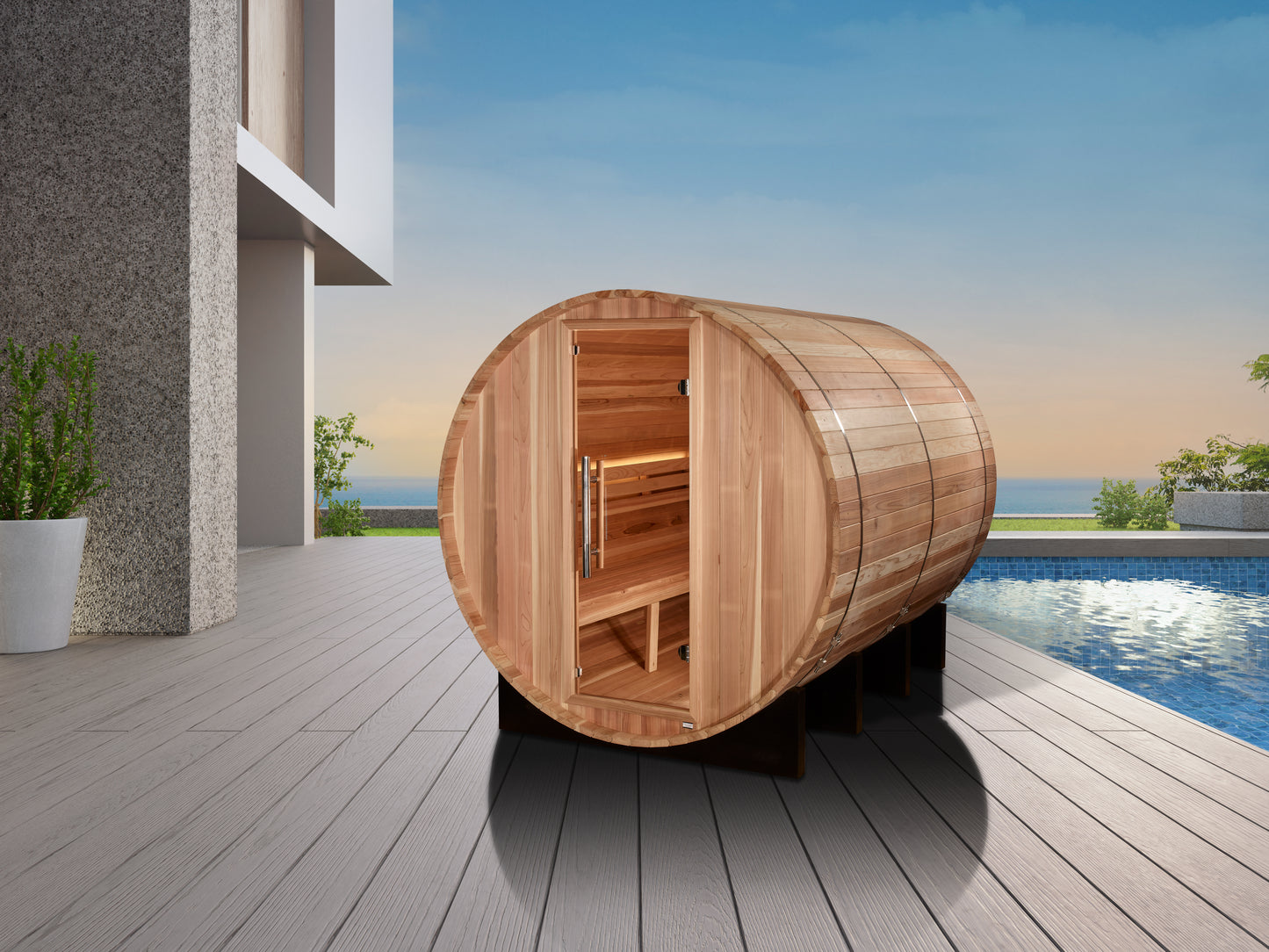 Golden Designs Klosters 6 person traditional sauna pictured on a deck next to a pool. 