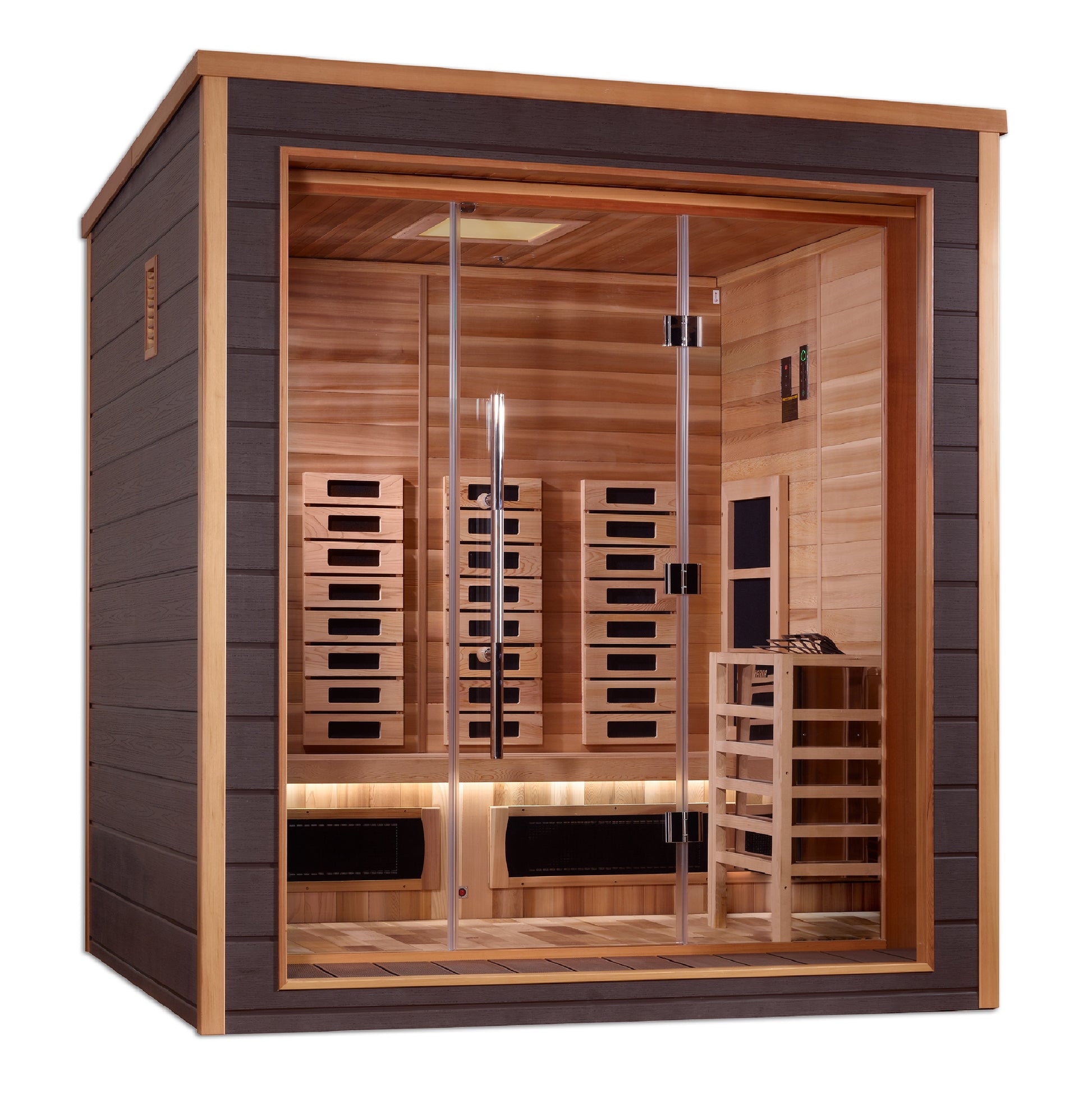 Golden Designs Visby 3 Person Hybrid (PureTech™ Full Spectrum IR or Traditional Stove) Outdoor Sauna (GDI-8223-01) - Canadian Red Cedar Interior
