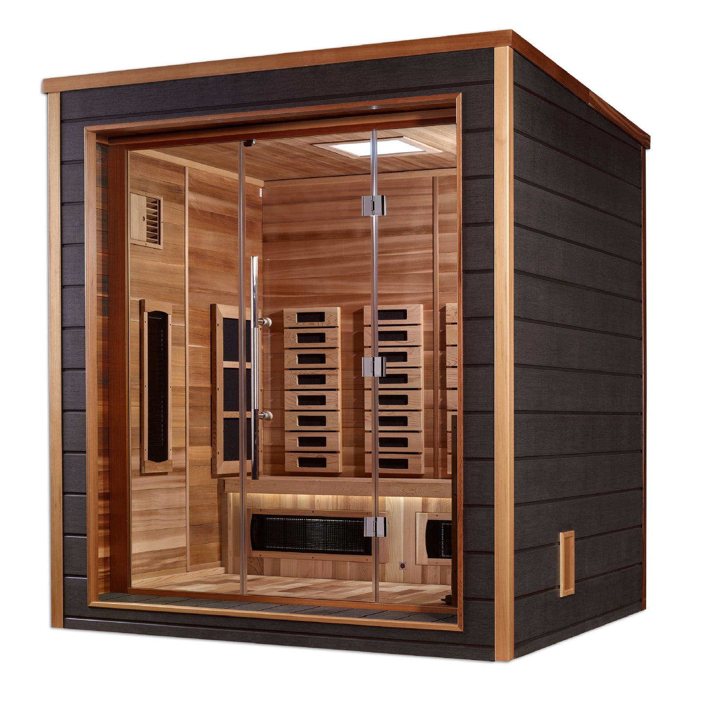 Golden Designs Visby 3 Person Hybrid (PureTech™ Full Spectrum IR or Traditional Stove) Outdoor Sauna (GDI-8223-01) - Canadian Red Cedar Interior
