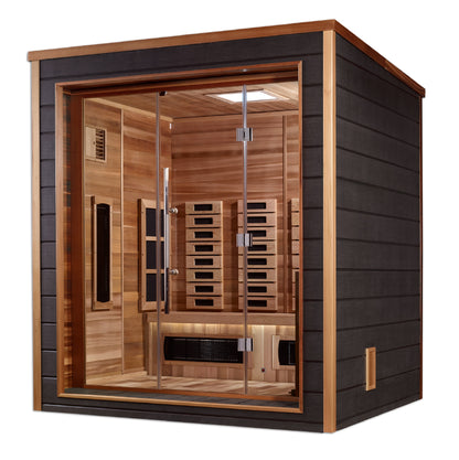 Golden Designs Visby 3 Person Hybrid (PureTech™ Full Spectrum IR or Traditional Stove) Outdoor Sauna (GDI-8223-01) - Canadian Red Cedar Interior
