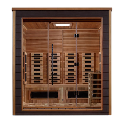 Golden Designs Visby 3 Person Hybrid (PureTech™ Full Spectrum IR or Traditional Stove) Outdoor Sauna (GDI-8223-01) - Canadian Red Cedar Interior
