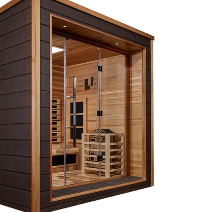 Golden Designs Visby 3 Person Hybrid (PureTech™ Full Spectrum IR or Traditional Stove) Outdoor Sauna (GDI-8223-01) - Canadian Red Cedar Interior
