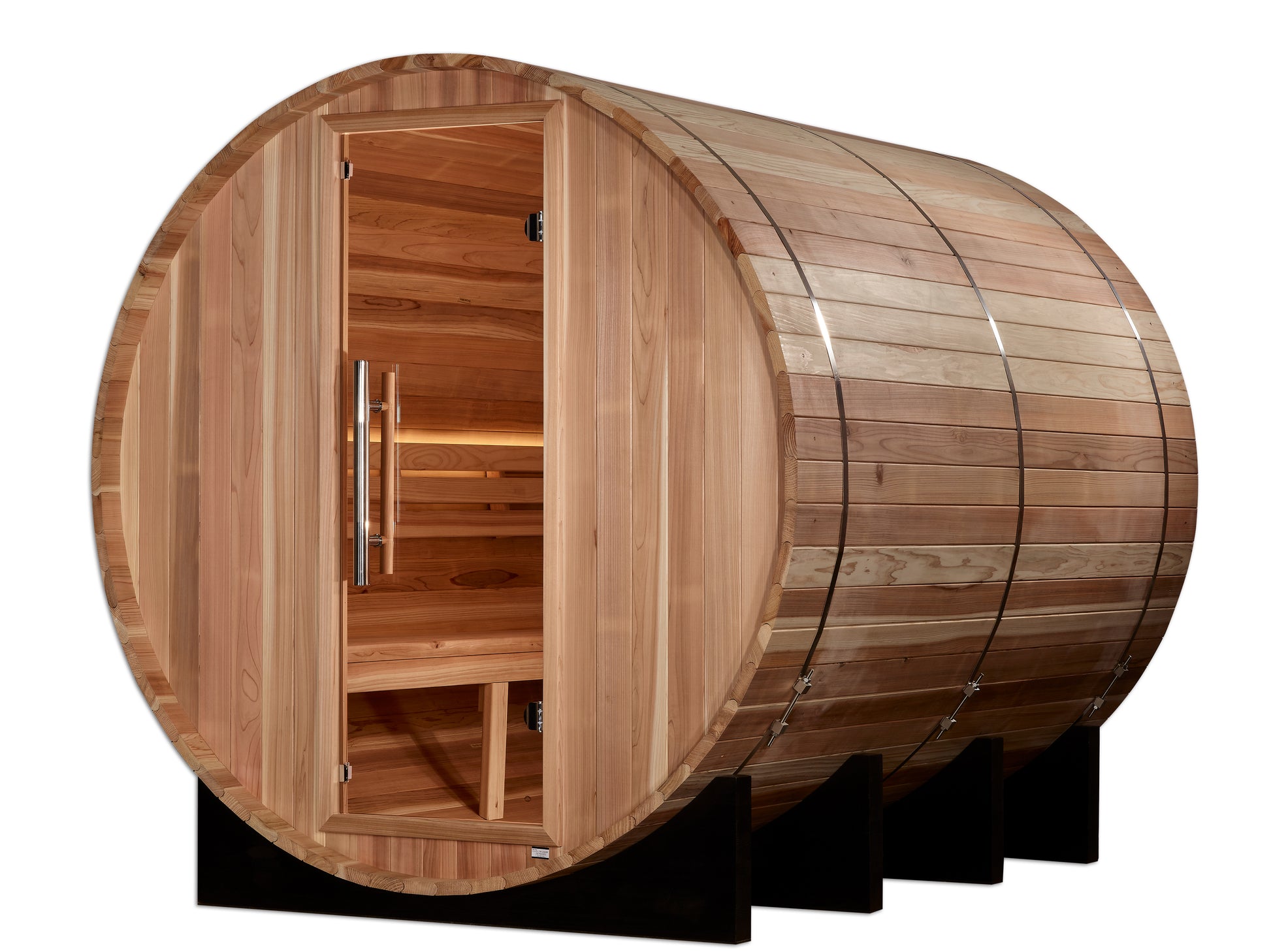 Front right of Golden Designs Klosters 6 person traditional sauna pictured  with glass door