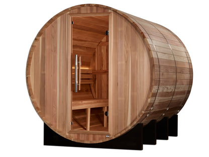 Front Right of Golden Designs Klosters 6 person traditional sauna with glass door. 