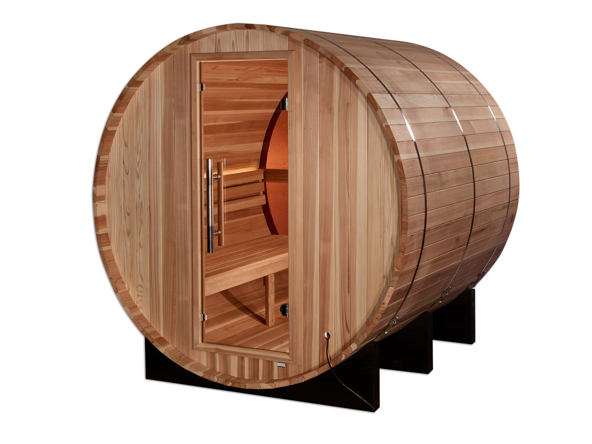 Golden Designs "Zurich" 4 Person Barrel sauna exterior pictured showing the glass door and bench seating within