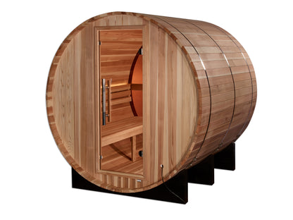 Golden Designs "Zurich" 4 Person Barrel sauna exterior pictured showing the glass door and bench seating within