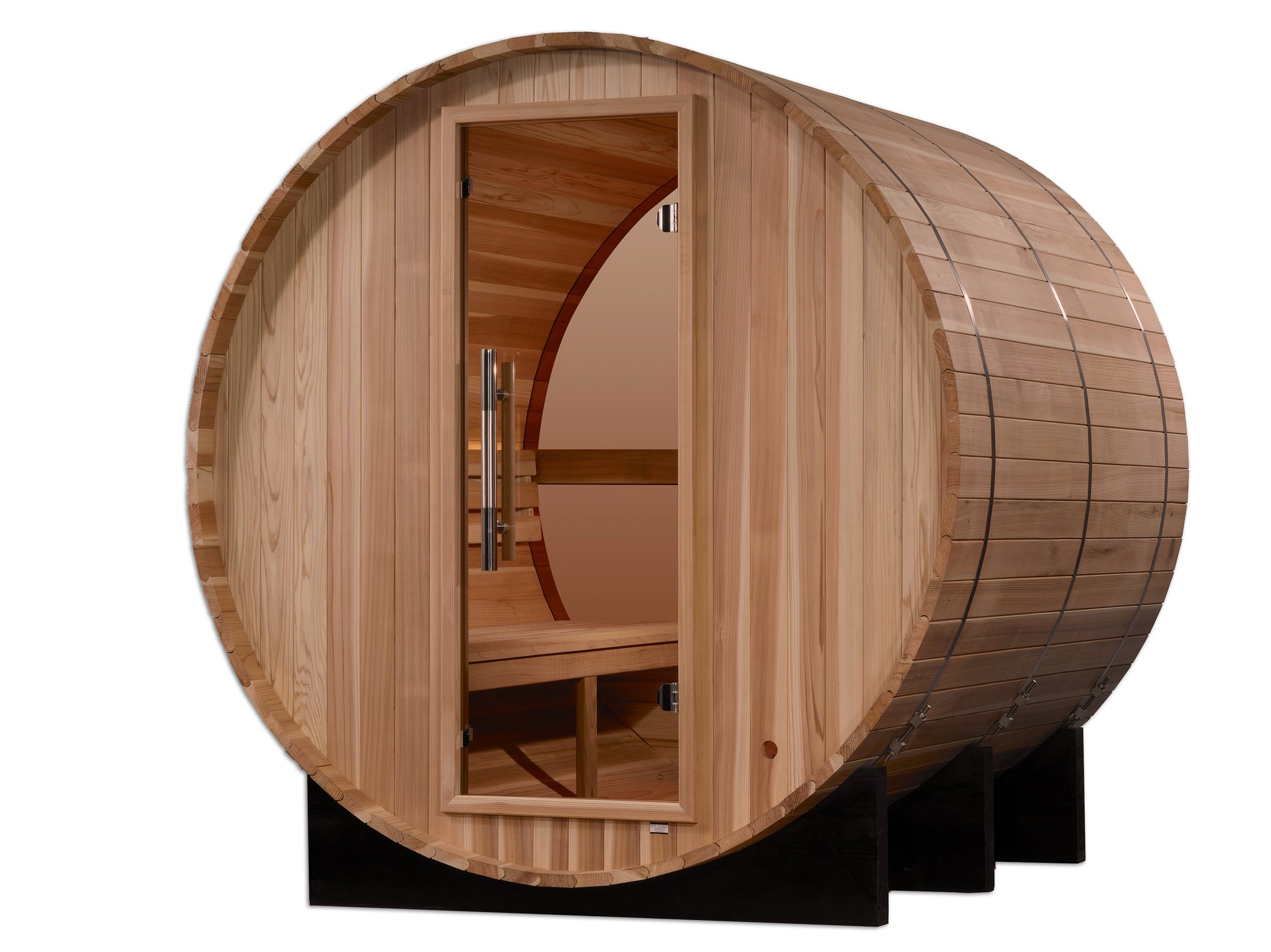 Golden Designs "Zurich" 4 Person Barrel sauna exterior pictured showing the glass door and bench seating within, rear glass also visible