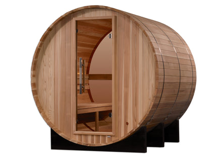 Golden Designs "Zurich" 4 Person Barrel sauna exterior pictured showing the glass door and bench seating within, rear glass also visible