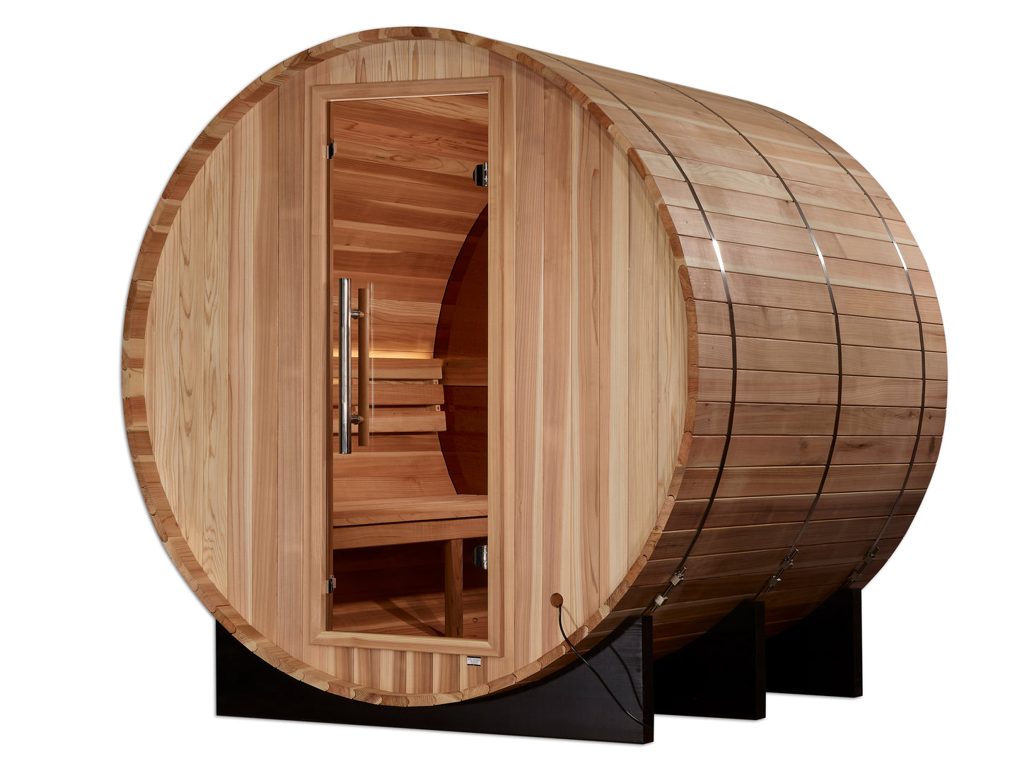 Golden Designs "Zurich" 4 Person Barrel sauna exterior pictured showing the glass door and bench seating within
