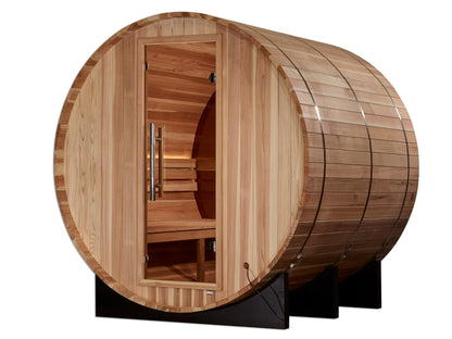 Golden Designs "Zurich" 4 Person Barrel sauna exterior pictured showing the glass door and bench seating within
