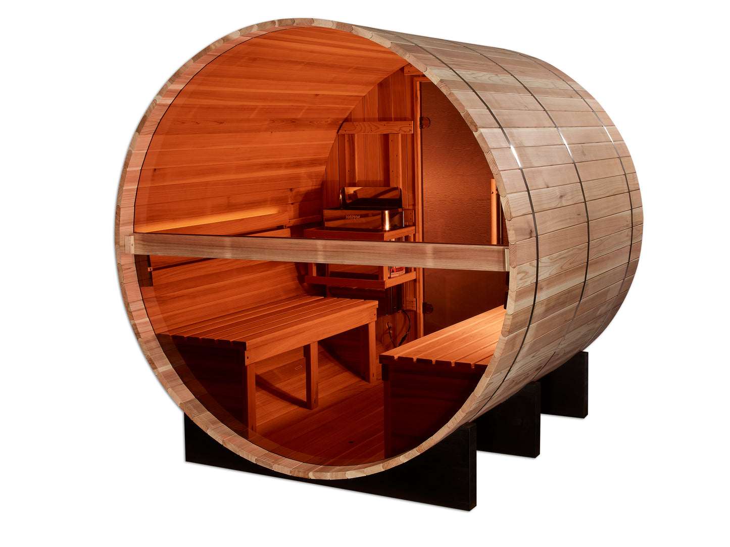 Golden Designs "Zurich" 4 Person Barrel sauna pictured showing the glass wall end and interior features