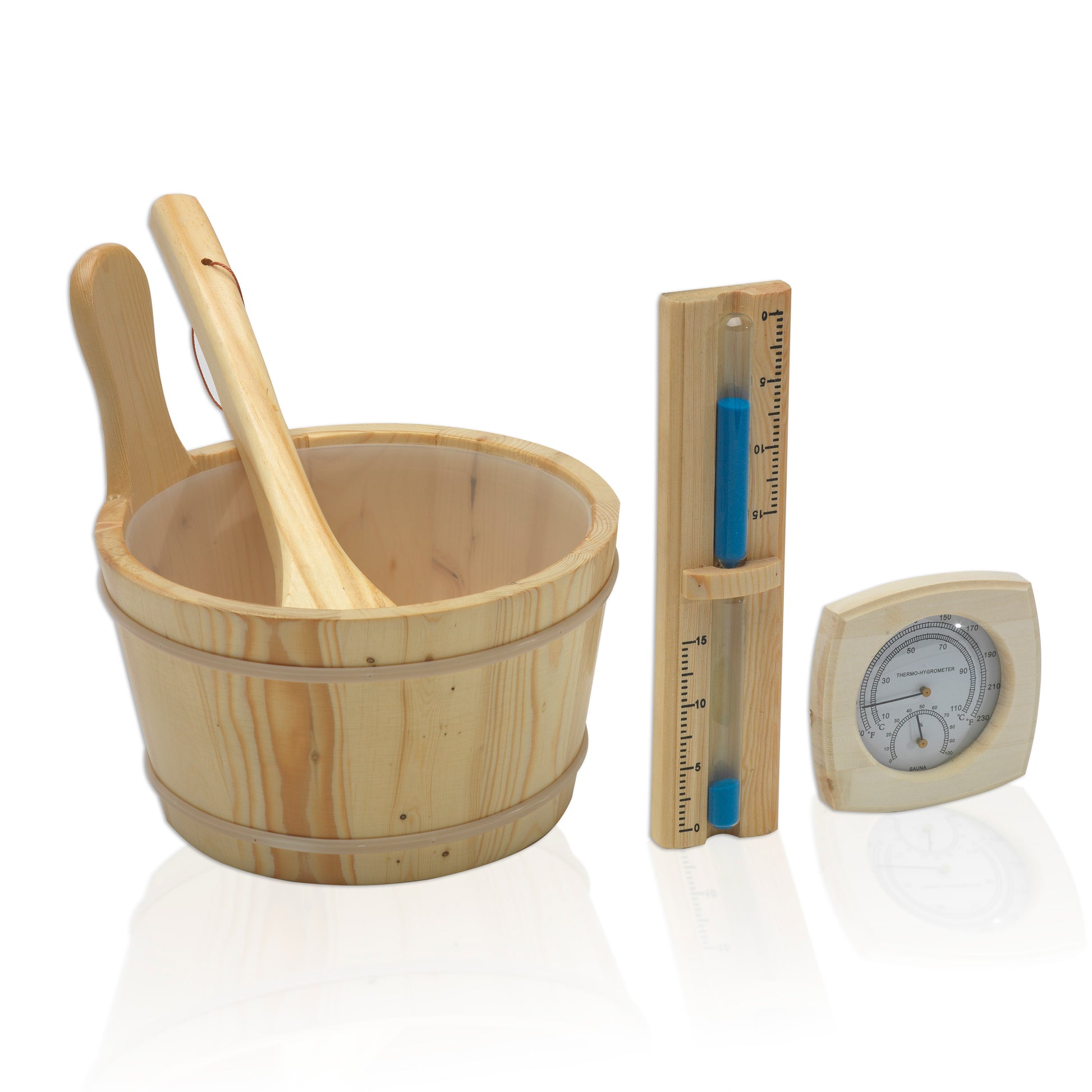 Golden Designs accessory kit including thermometer/humidistat, 15 minute sand timer and bucket and ladle for water