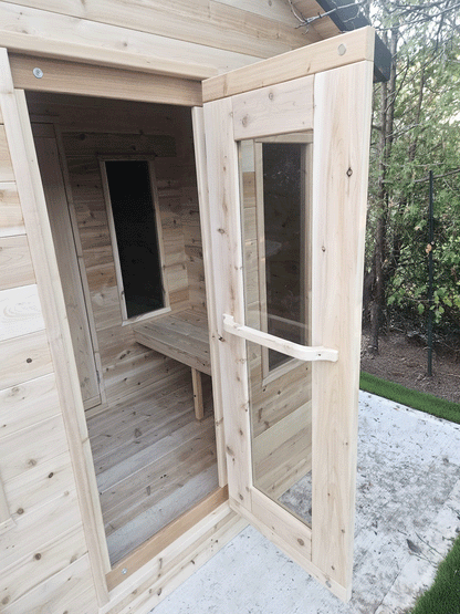 Sauna with changeroom and door open