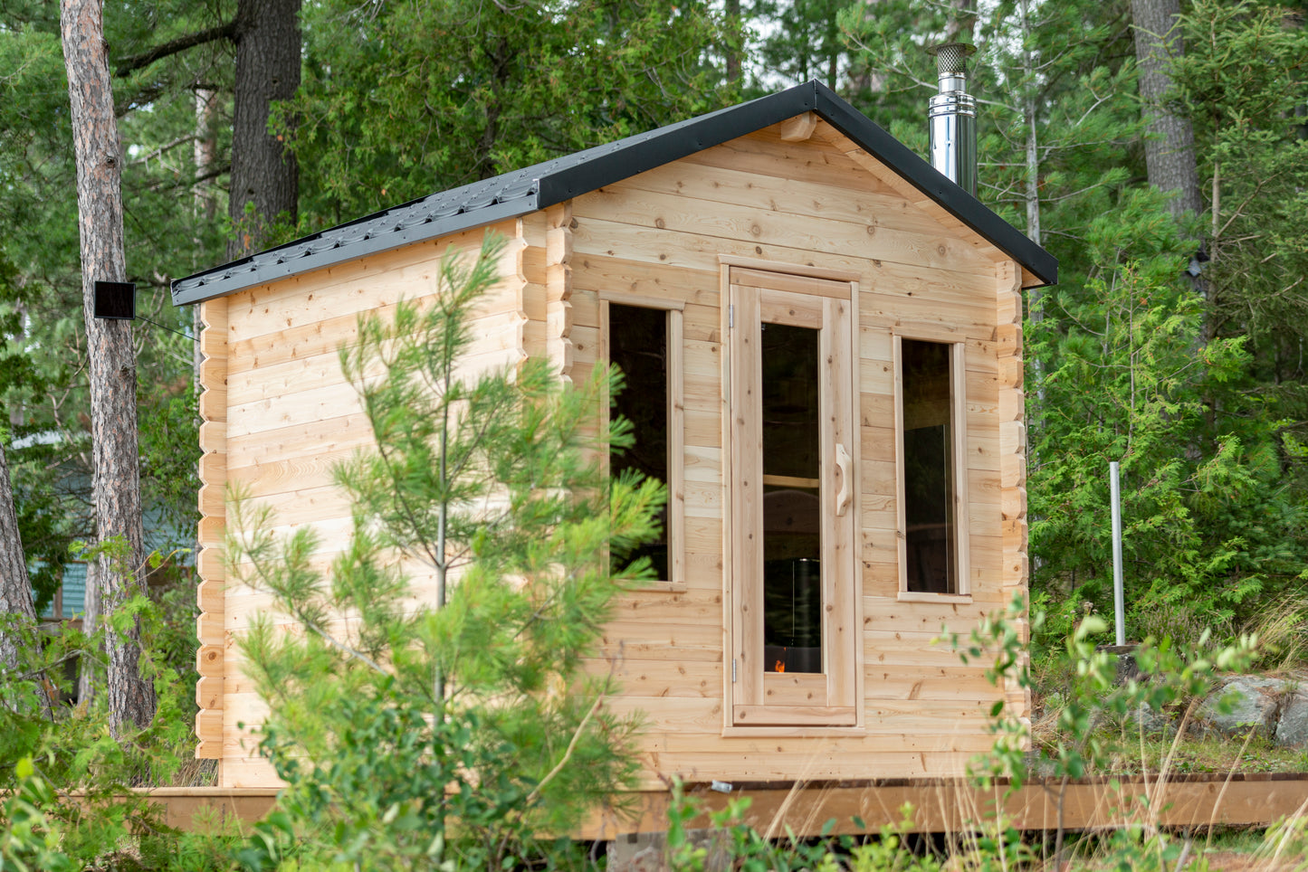 Wooden cabin in a forest setting