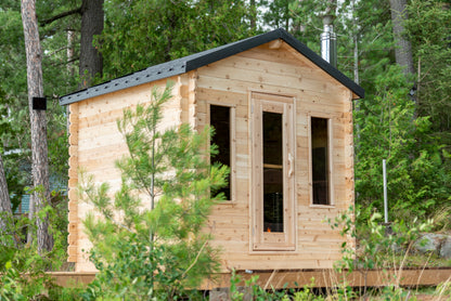 Wooden cabin in a forest setting