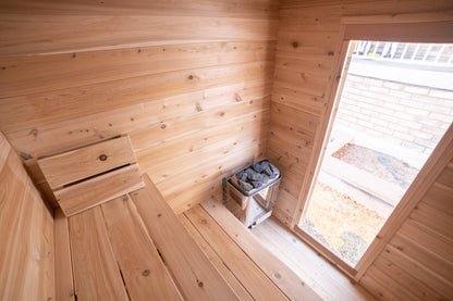 Wooden sauna interior with a window