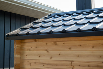 Metal roof on a wooden shed with a clear sky background