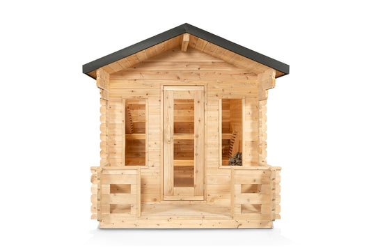 Wooden sauna with a porch and black roof on a white background