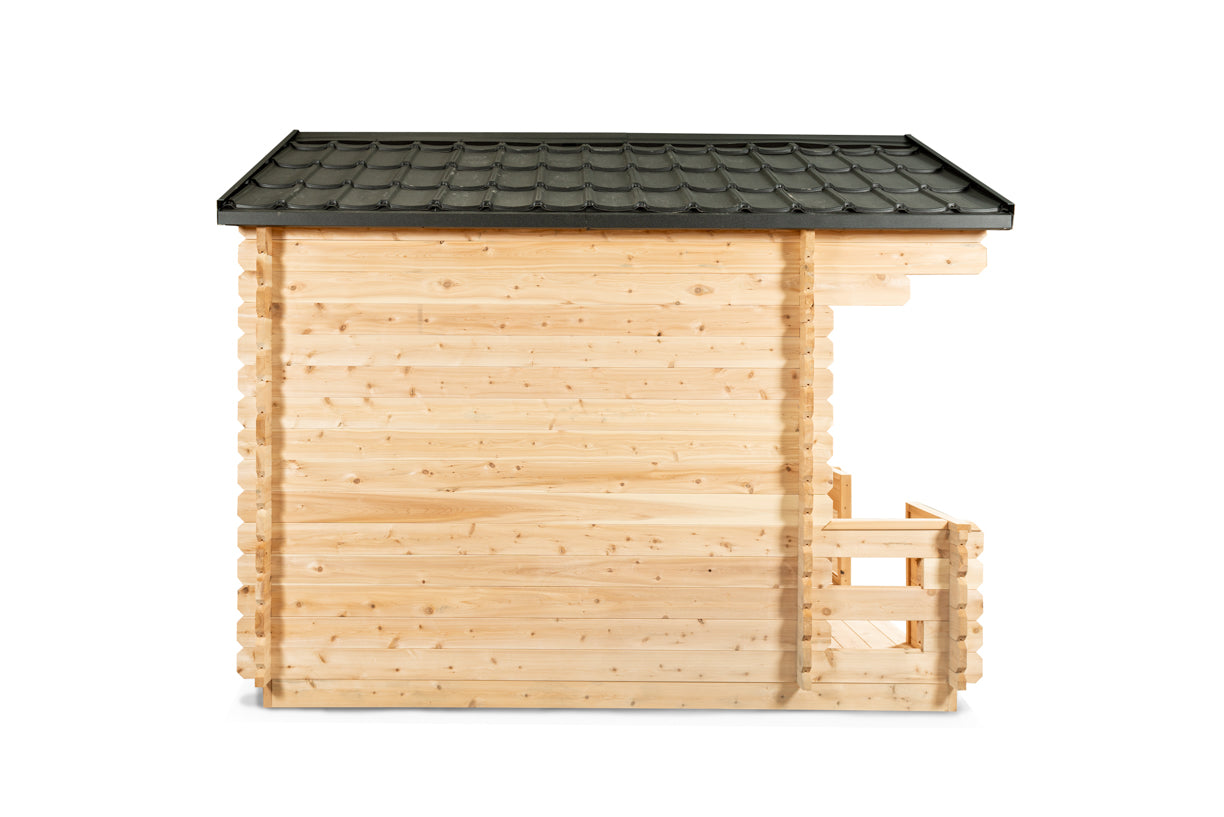 Wooden cabin with a black roof on a white background