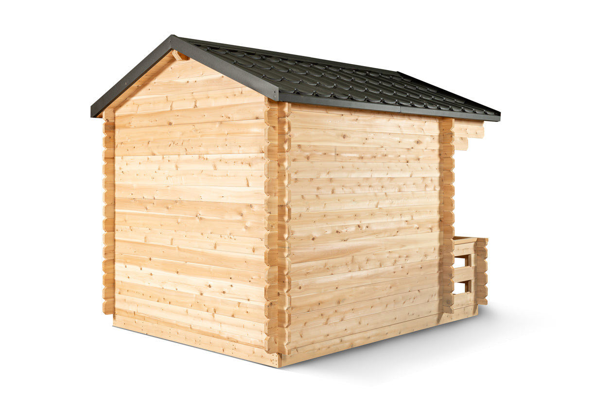 Wooden shed with a black roof on a white background