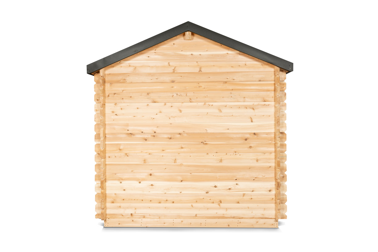 Wooden shed with a black roof on a white background