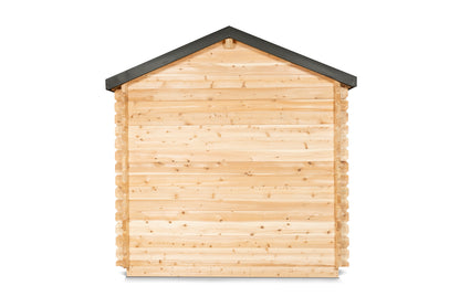 Wooden shed with a black roof on a white background