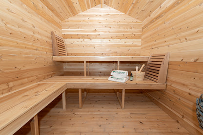 Wooden sauna interior with benches.