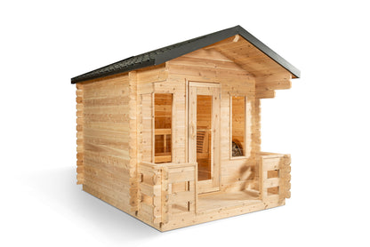 Wooden cabin with a slanted roof on a white background