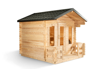 Wooden sauna with a black roof on a white background
