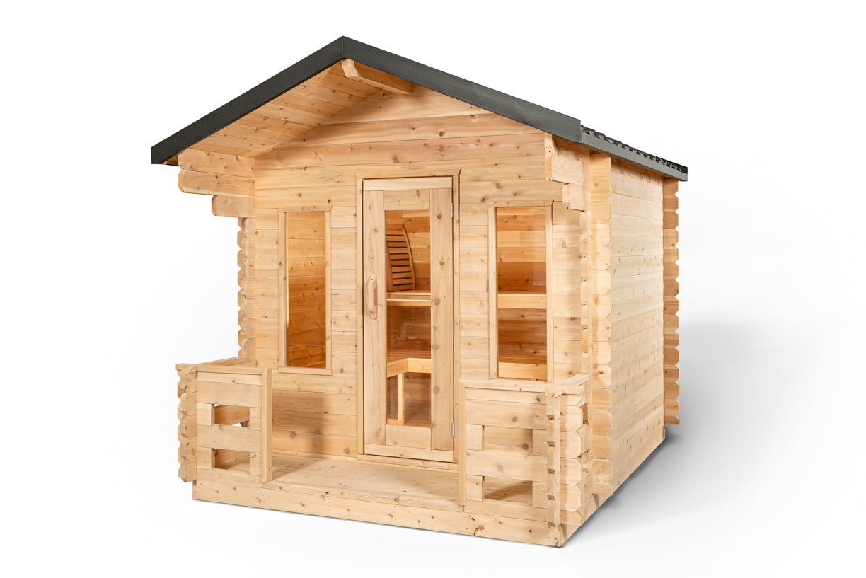Wooden sauna with a gray roof on a white background
