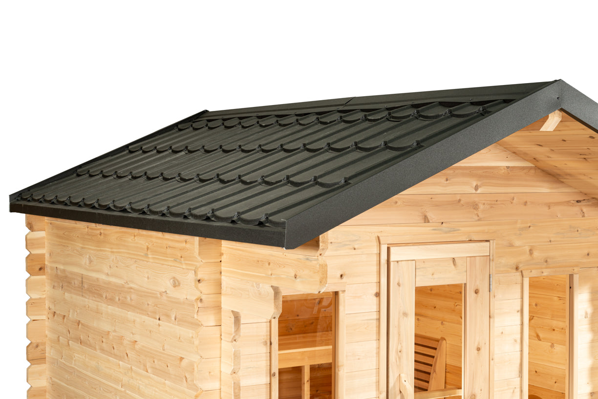 Wooden sauna with a black roof on a white background
